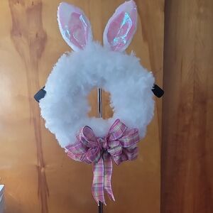 White Bunny Ear Wreath with Pink Plaid Bow